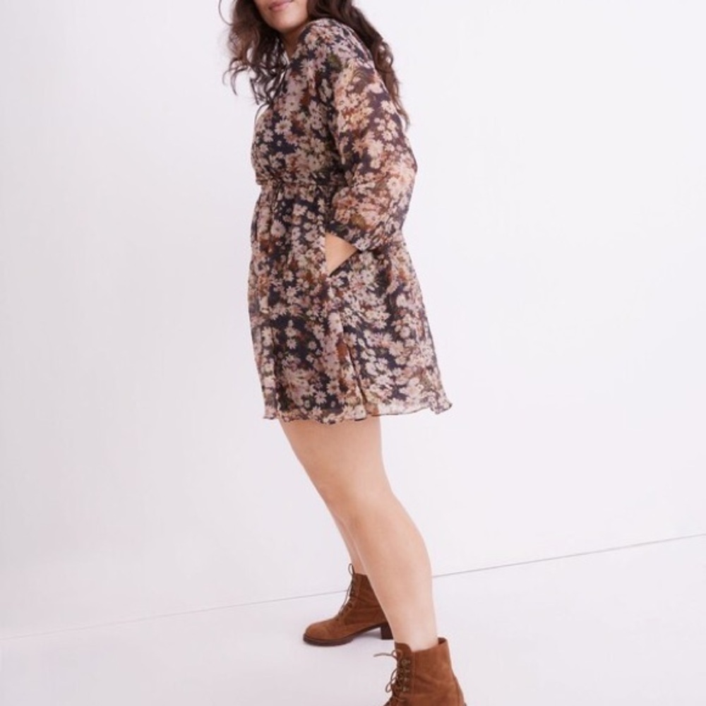 Madewell garden Floral Faux Wrap Mini Dress Large Daisy Long Sleeve Drawstring - Picture 5 of 10
